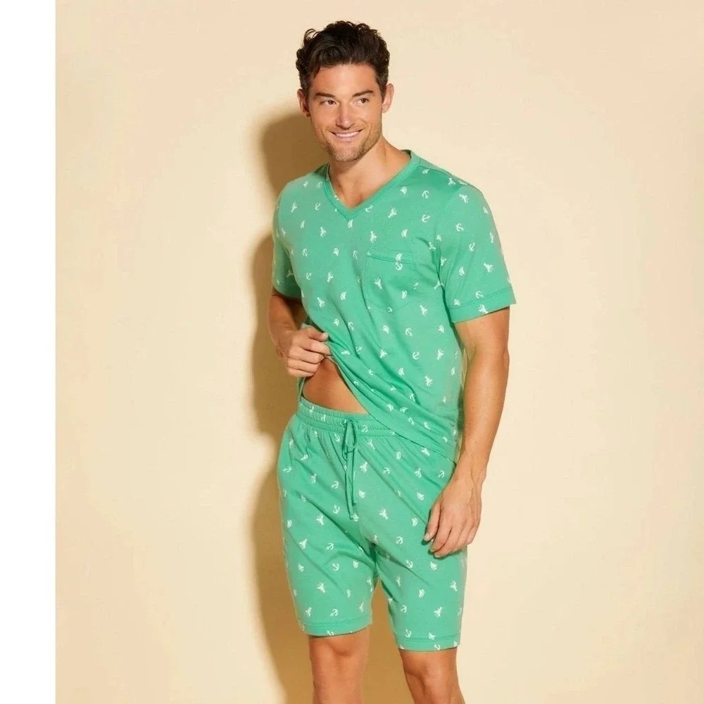 Cosabella Mens Road Trip Lounge Set Green Nautical Anchor Lobster Print Large